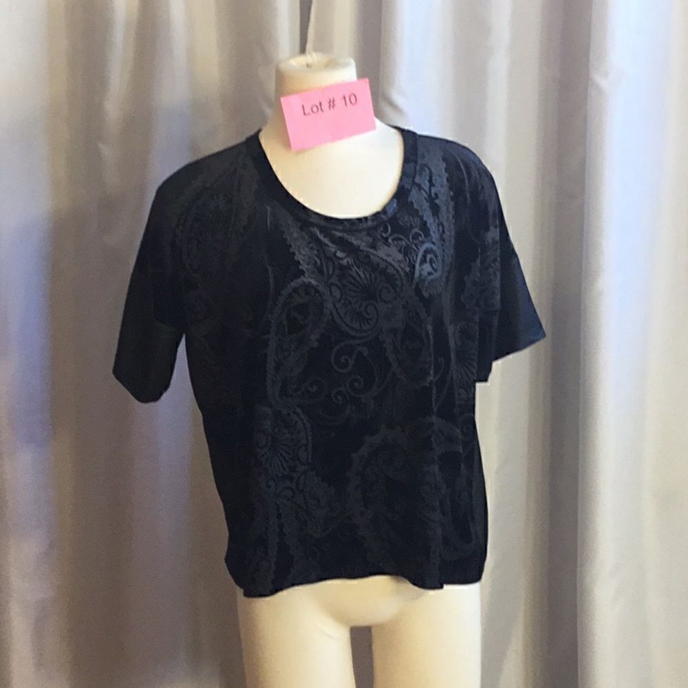 Ladies black top with crushed velvet look front, semi sheer back in size medium